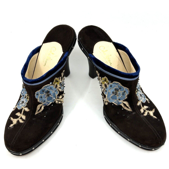 Cole Haan Women's Suede Embroidered Clogs Size 8B Brown Floral Boho Festival - Picture 2 of 8